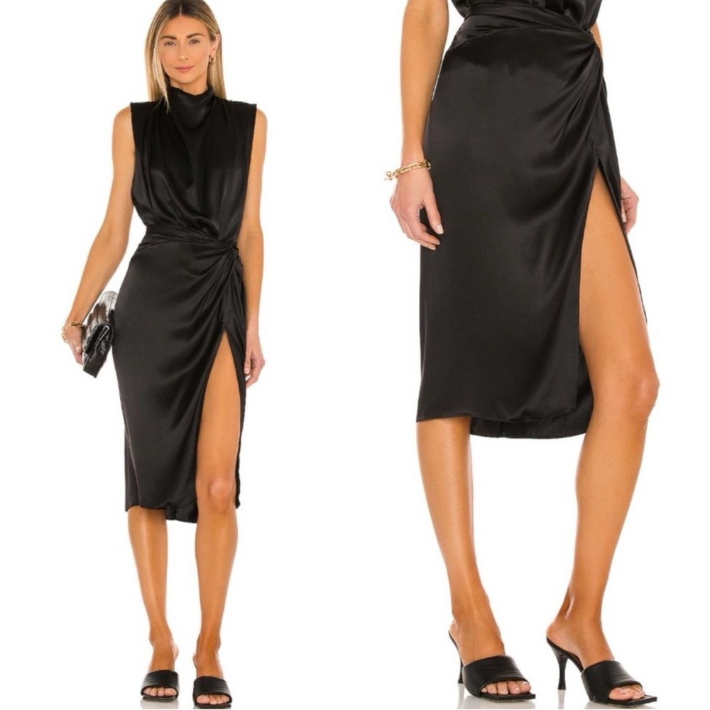 AMANDA UPRICHARD Ainsley Silk Ruched Slit Black Skirt